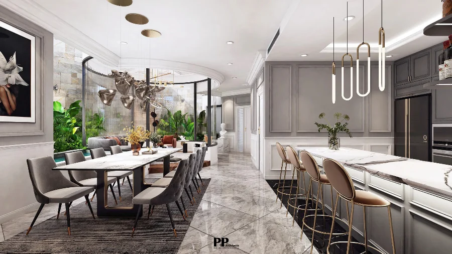 Cách chọn vật liệu xanh trong thiết kế villa bền vững, sang trọng 2026 3 Không gian bếp và bàn ăn villa sử dụng vật liệu đá, kính và cây xanh tự nhiên