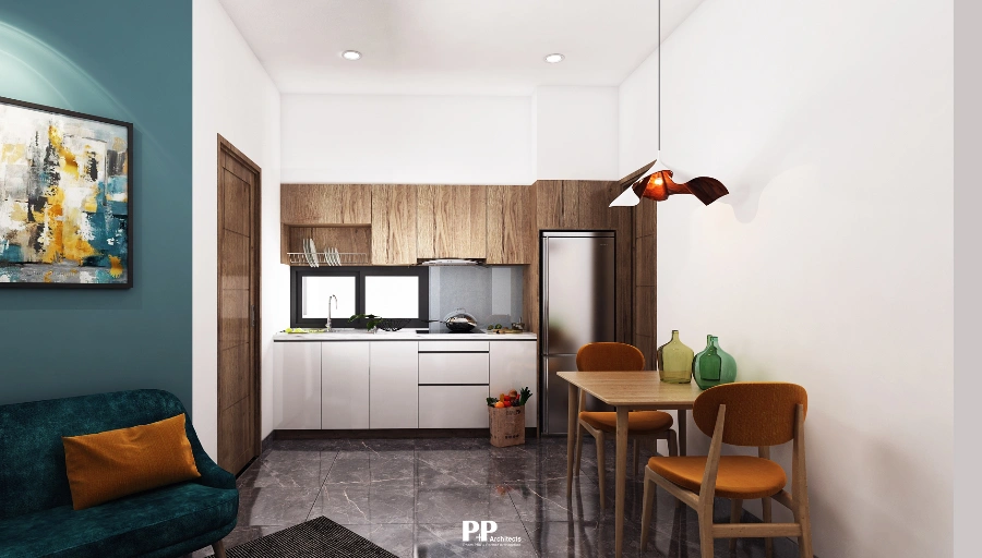 Cách chọn vật liệu xanh trong thiết kế villa bền vững, sang trọng 2026 5 Không gian bếp nhỏ sử dụng gỗ, đá và màu sắc ấm áp trong thiết kế nội thất villa