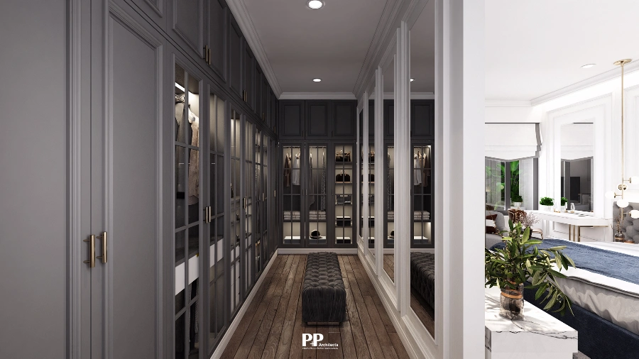 Cách chọn vật liệu xanh trong thiết kế villa bền vững, sang trọng 2026 8 Khu vực thay đồ và phòng ngủ villa kết hợp vật liệu gỗ, kính và cây xanh
