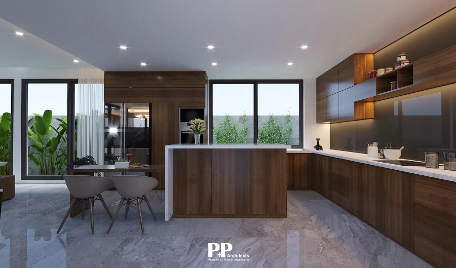Không gian bếp villa xanh Nha Trang với ánh sáng tự nhiên và vật liệu gỗ ấm áp