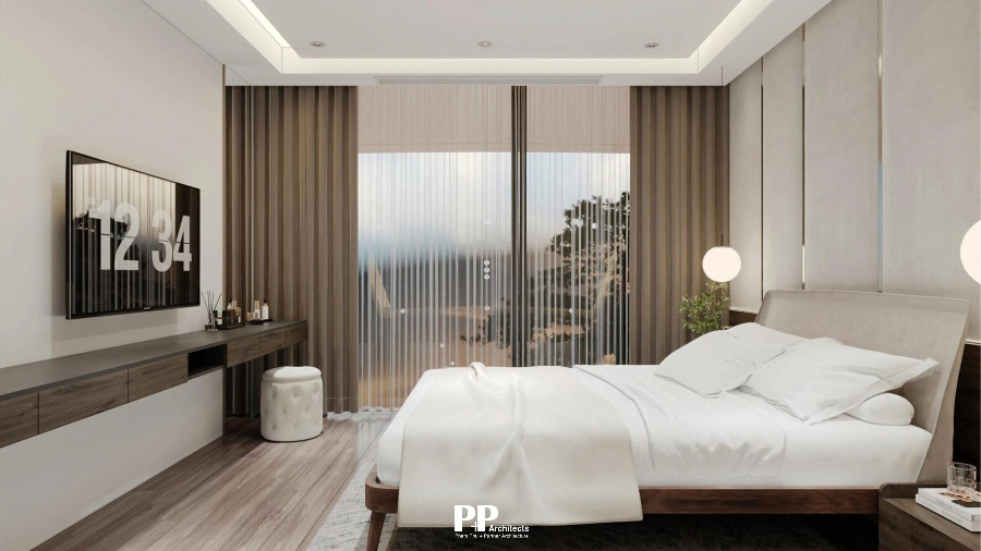 Phòng ngủ villa xanh Nha Trang với ánh sáng dịu và thiết kế nội thất hiện đại