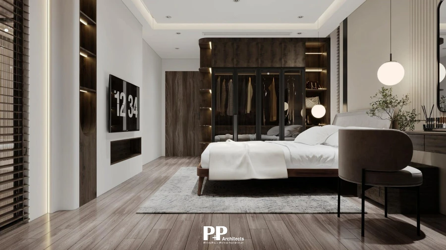 Phòng ngủ villa xanh Nha Trang với nội thất gỗ, ánh sáng ấm và không gian riêng tư