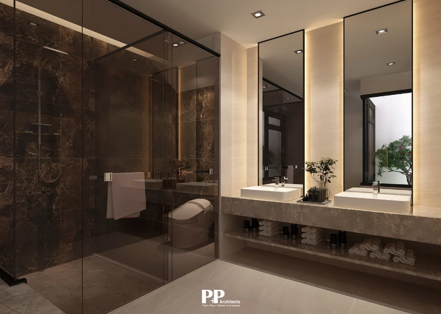 Đơn vị thiết kế thi công villa xanh Nha Trang với phòng tắm hiện đại và vật liệu sang trọng