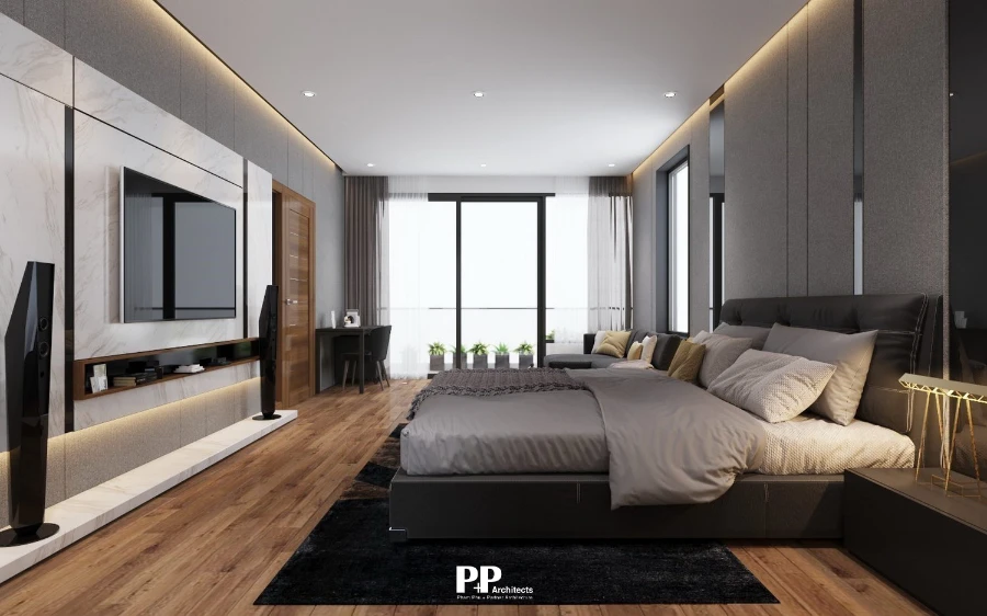 Cách làm việc với đơn vị thiết kế thi công villa xanh Nha Trang 2026 27 Phòng ngủ villa xanh Nha Trang với thiết kế nội thất sang trọng và cửa kính thoáng sáng