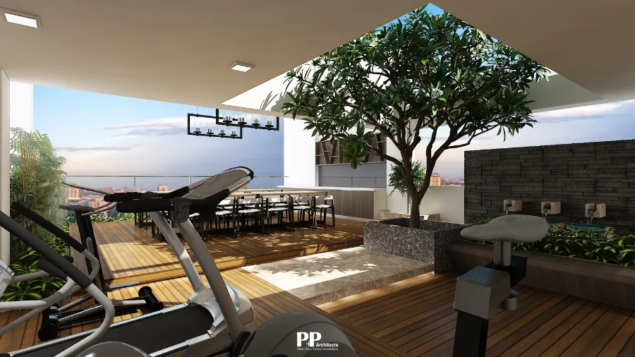 Sân thượng villa xanh Nha Trang với cây xanh, khu tập luyện và không gian sinh hoạt ngoài trời