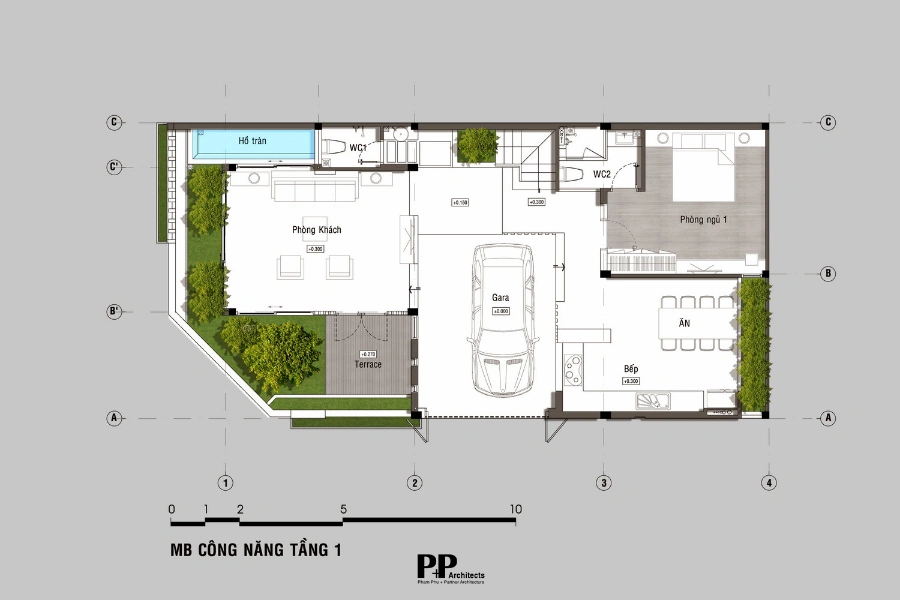 Đơn vị thiết kế thi công villa xanh Nha Trang với mặt bằng công năng tầng 1 khoa học