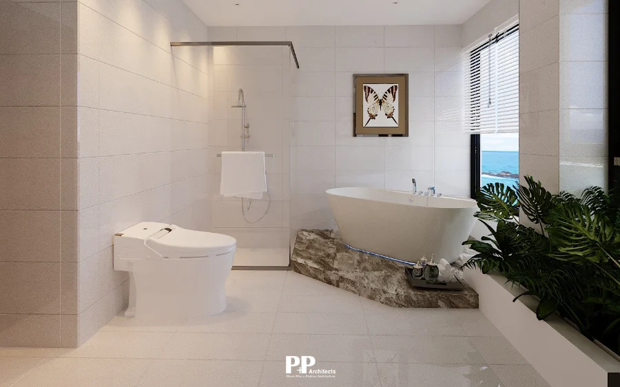 Phòng tắm villa xanh Nha Trang với ánh sáng tự nhiên và tầm nhìn hướng biển