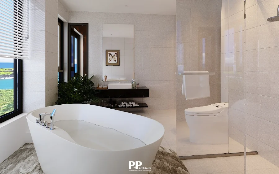 Thiết kế phòng tắm villa xanh Nha Trang với bồn tắm hiện đại và vật liệu dễ vệ sinh