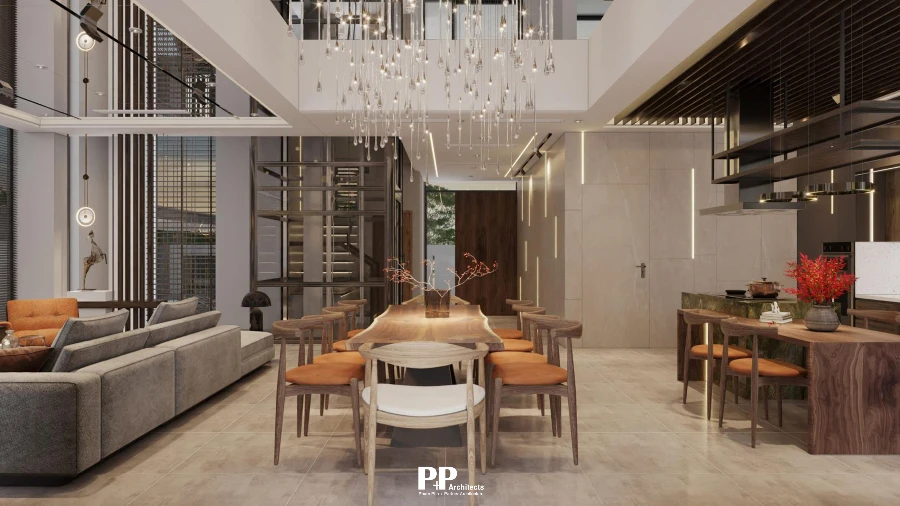 Giếng trời villa xanh 2026: Khi nào nên thực hiện? 2 Giếng trời villa xanh trong không gian phòng khách và bàn ăn thông tầng sang trọng
