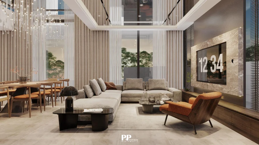 Giếng trời villa xanh 2026: Khi nào nên thực hiện? 4 Phòng khách villa hiện đại với giếng trời lấy sáng và cửa kính lớn nhìn ra sân vườn