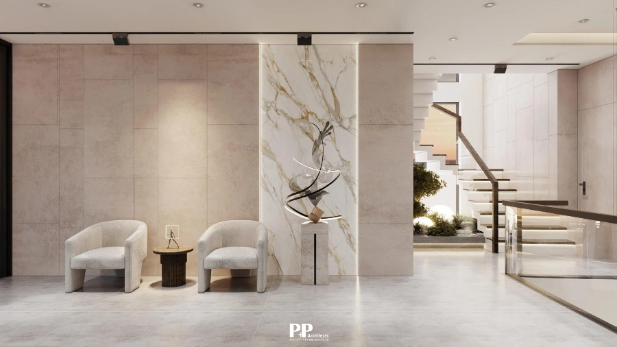 Giếng trời villa xanh 2026: Khi nào nên thực hiện? 5 Khu vực sảnh và cầu thang villa được lấy sáng tự nhiên qua giếng trời xanh