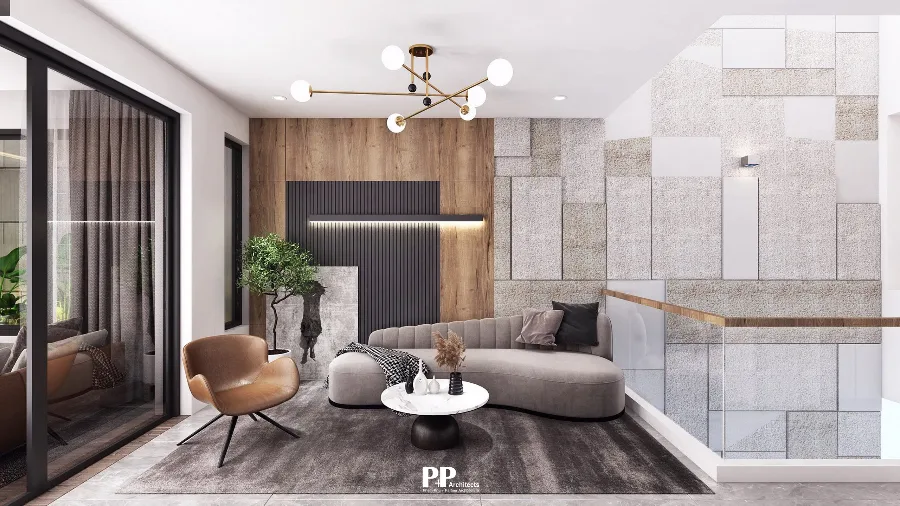 Giếng trời villa xanh 2026: Khi nào nên thực hiện? 6 Không gian sinh hoạt villa với giếng trời và mảng tường vật liệu sáng hiện đại