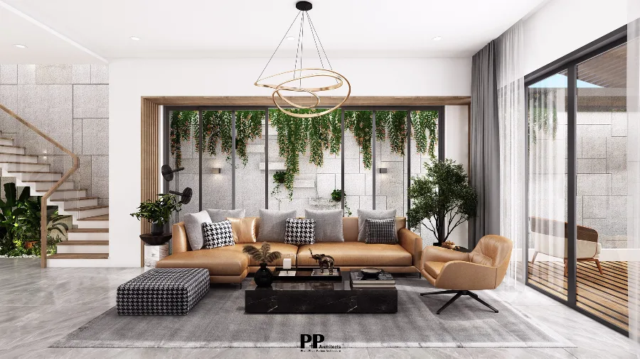 Giếng trời villa xanh 2026: Khi nào nên thực hiện? 7 Giếng trời villa xanh kết hợp sân trong và cây xanh trong phòng khách hiện đại