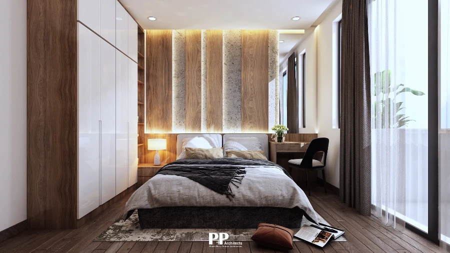 Kiến trúc Villa xanh Nha Trang với phòng ngủ sử dụng vật liệu gỗ và ánh sáng dịu