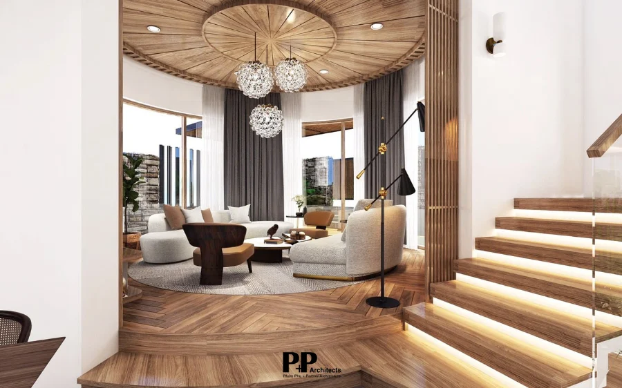 Kiến trúc Villa xanh Nha Trang với không gian sinh hoạt sử dụng gỗ và ánh sáng tự nhiên