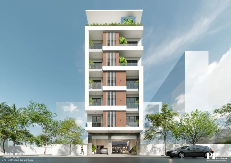 Kiến trúc villa xanh trọn gói với công trình cao tầng có ban công cây xanh