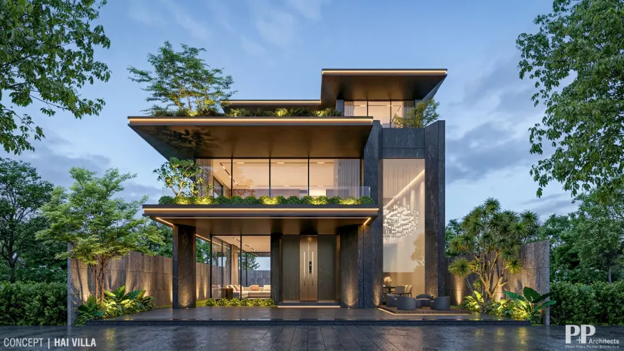Kiến trúc villa xanh trọn gói với biệt thự hiện đại, kính lớn và cảnh quan xanh