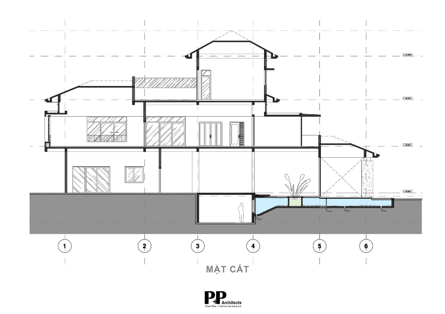 Thiết Kế Kiến Trúc Villa Xanh Nha Trang: Bền bỉ trước khi hậu đặc thù của địa phương 5 Hồ sơ mặt cắt trong thiết kế kiến trúc villa xanh Nha Trang thể hiện cấu trúc công trình