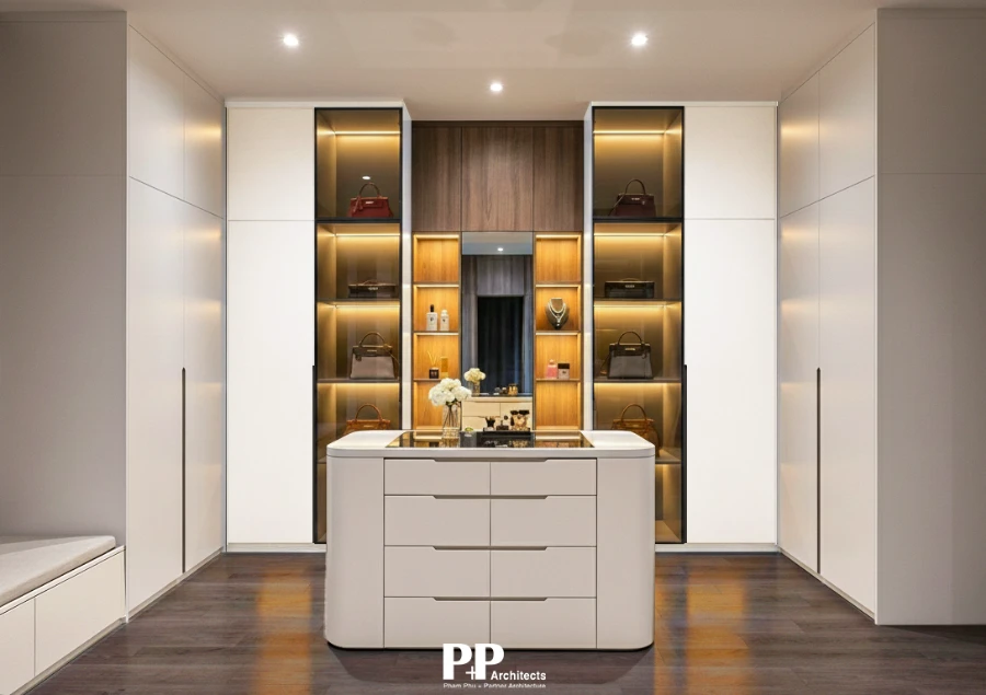 Thiết kế kiến trúc villa xanh trọn gói với phòng thay đồ hiện đại và ánh sáng ấm