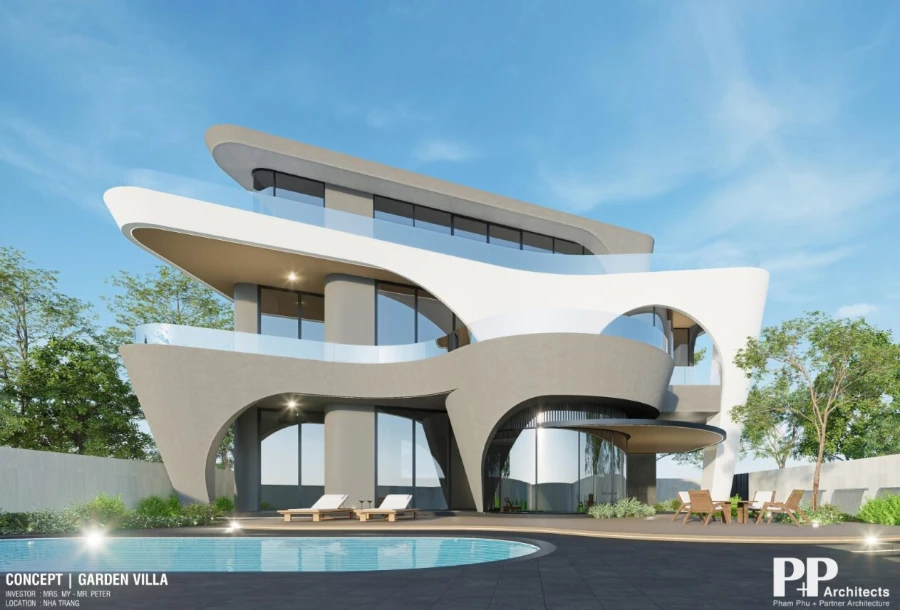 Thiết kế kiến trúc villa xanh trọn gói với concept villa sân vườn và hồ bơi hiện đại