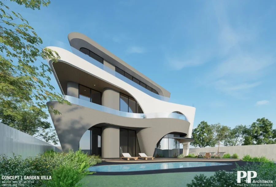 Thiết kế kiến trúc villa xanh trọn gói với mặt tiền uốn cong và cảnh quan hồ bơi