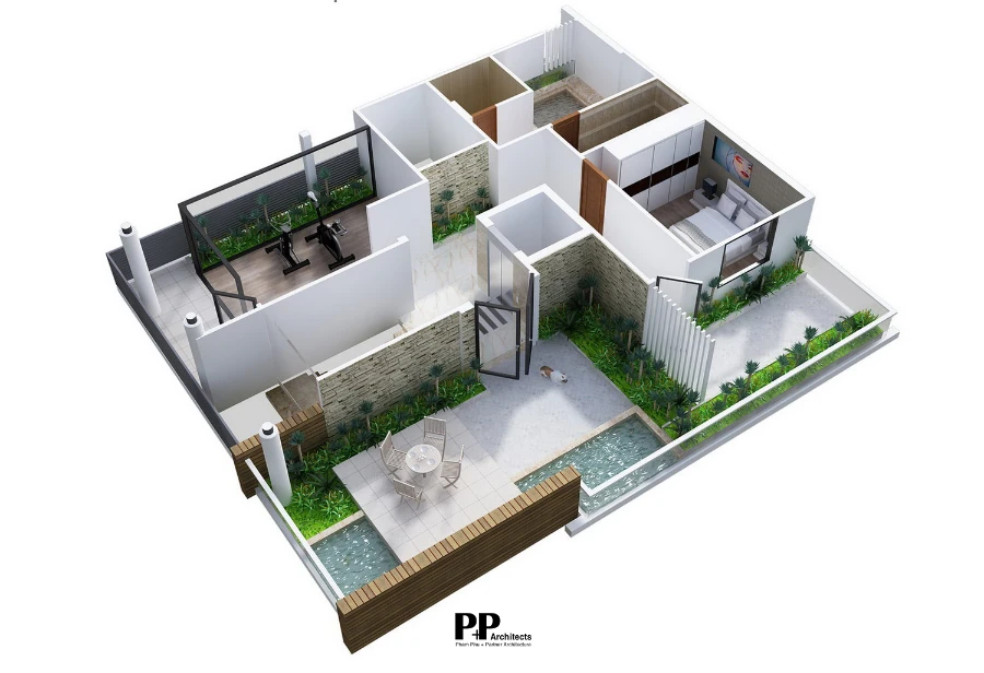 Thiết Kế Villa Xanh Nha Trang: Cách Giữ Biệt Thự Ven Biển Luôn Mát, Sang Và Bền Theo Thời Gian 3 Mặt bằng villa xanh Nha Trang với sân vườn, hồ nước và không gian sinh hoạt ngoài trời