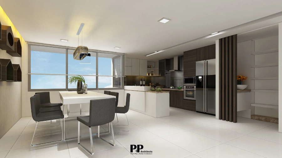 Thiết Kế Villa Xanh Nha Trang: Cách Giữ Biệt Thự Ven Biển Luôn Mát, Sang Và Bền Theo Thời Gian 9 Khu bếp và phòng ăn villa Nha Trang với cửa sổ lớn đón ánh sáng tự nhiên