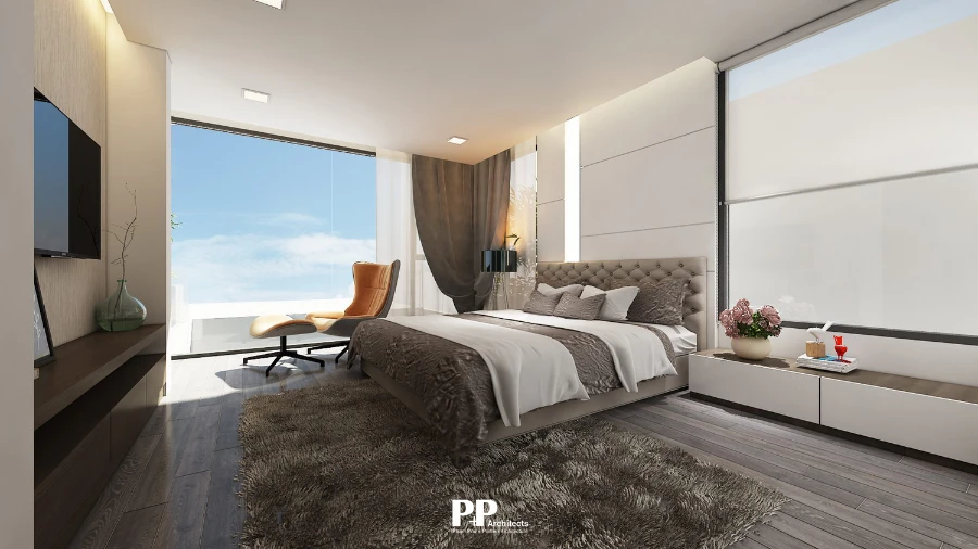 Thiết Kế Villa Xanh Nha Trang: Cách Giữ Biệt Thự Ven Biển Luôn Mát, Sang Và Bền Theo Thời Gian 4 Thiết kế phòng ngủ villa ven biển với mảng kính lớn và ánh sáng tự nhiên chan hòa