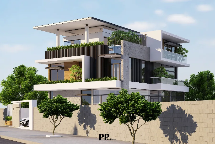 Thiết kế villa xanh Nha Trang trọn gói với mặt tiền hiện đại, cây xanh và ban công thoáng