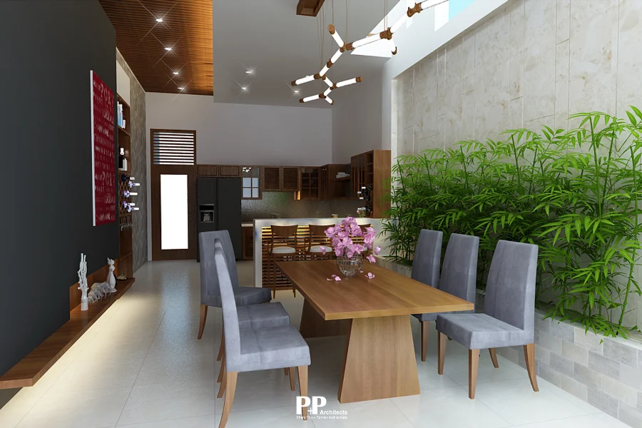 Thiết kế villa xanh Nha Trang trọn gói với phòng ăn kết nối cây xanh và ánh sáng tự nhiên