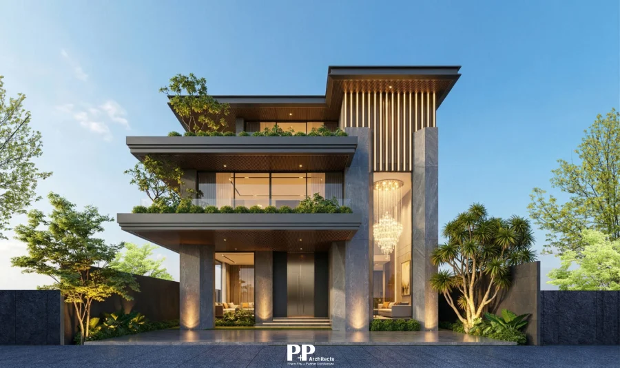 Villa xanh Nha Trang trọn gói với mặt tiền hiện đại, cây xanh và vật liệu bền vững