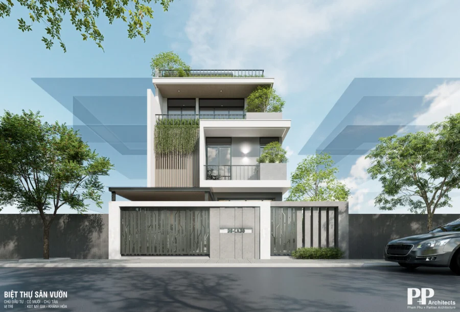 Villa xanh Nha Trang trọn gói với mặt tiền biệt thự hiện đại và lớp cây xanh