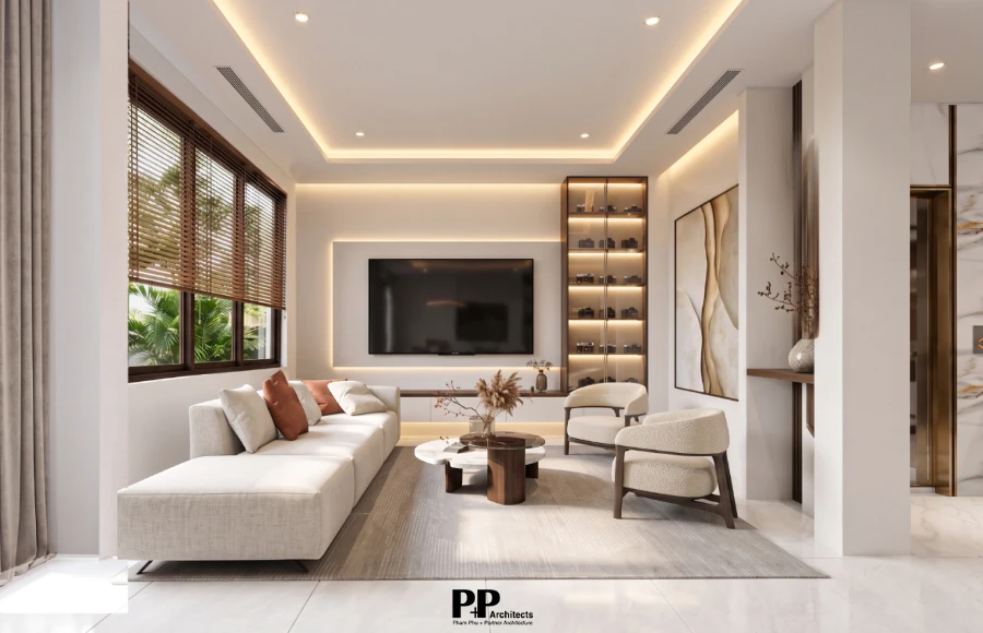 Villa xanh Nha Trang trọn gói với phòng khách hiện đại và ánh sáng dịu