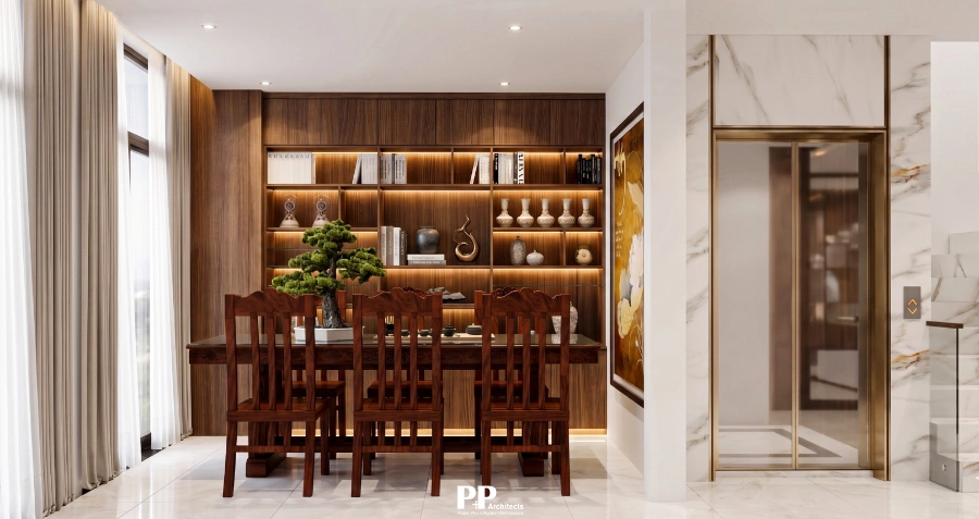 Villa xanh Nha Trang trọn gói với phòng ăn sang trọng và vật liệu gỗ ấm áp