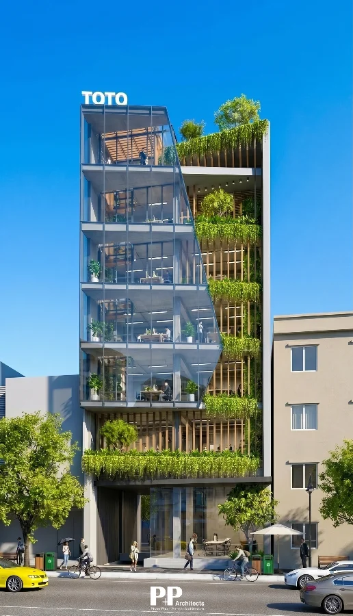Net Zero villa xanh Nha Trang với mặt đứng xanh và kiến trúc cao tầng hiện đại