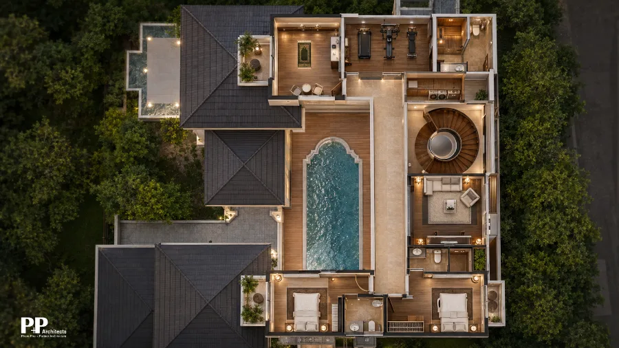 Thiết kế kiến trúc villa Nha Trang với mặt bằng tổng thể, hồ bơi và cảnh quan xanh
