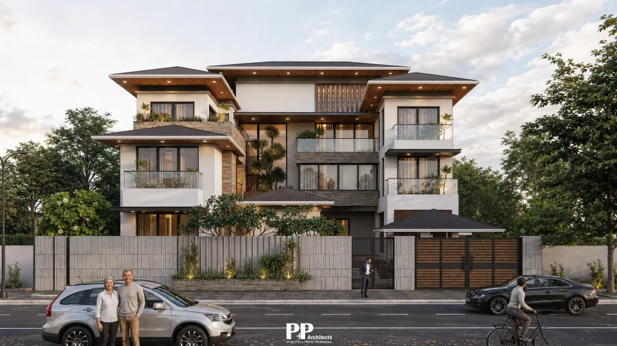 Thiết kế kiến trúc villa Nha Trang với mặt tiền hiện đại và mảng xanh bao quanh