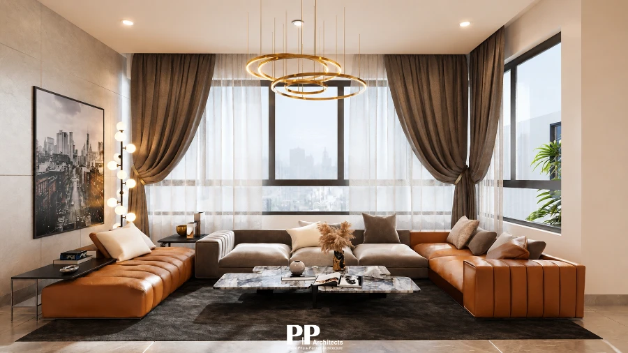 Thiết kế kiến trúc villa Nha Trang với phòng khách sang trọng và ánh sáng tự nhiên
