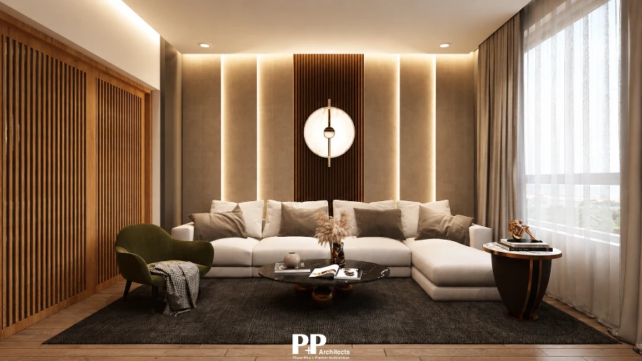 Thiết kế kiến trúc villa Nha Trang với phòng khách ấm cúng và vật liệu gỗ