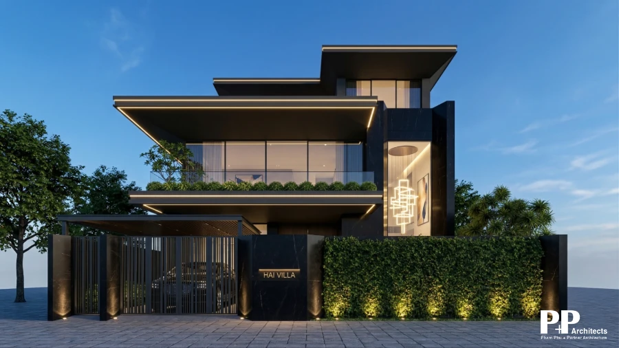 Thiết kế kiến trúc villa xanh Nha Trang trọn gói với mặt tiền hiện đại và mảng xanh riêng tư