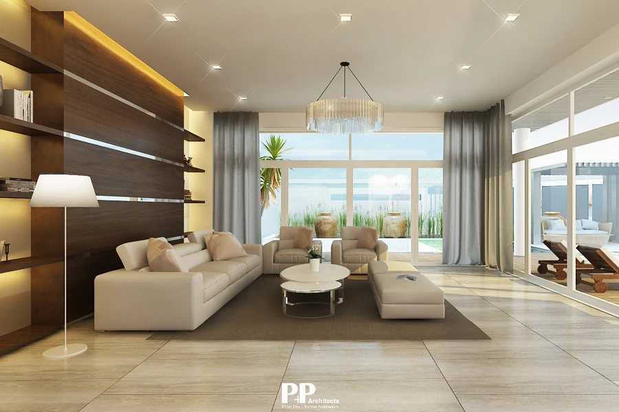 Thiết kế kiến trúc villa xanh Nha Trang trọn gói với phòng khách mở và ánh sáng tự nhiên