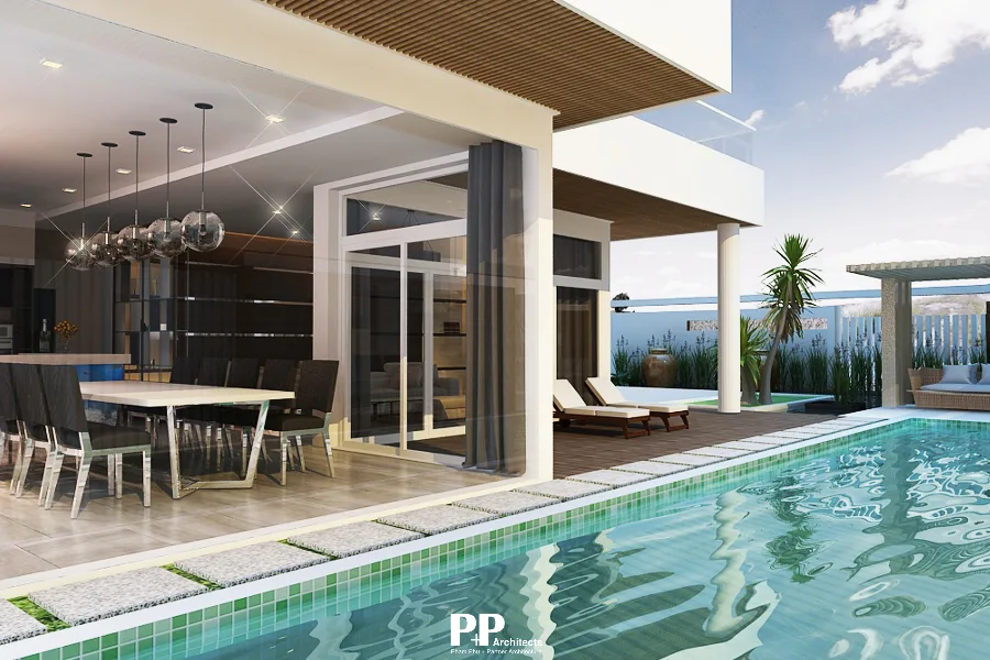 Thiết kế kiến trúc villa xanh Nha Trang trọn gói với hồ bơi, sân vườn và không gian mở