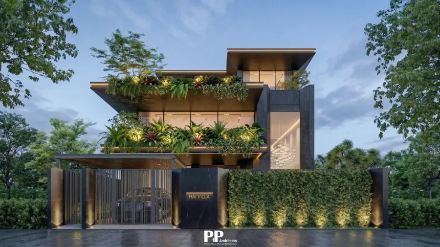 Thiết kế kiến trúc villa xanh Nha Trang trọn gói với mặt tiền xanh và ánh sáng ngoại thất