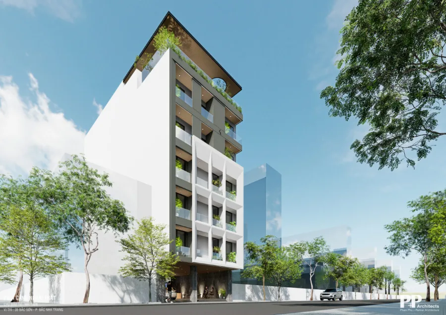 Thiết kế kiến trúc villa xanh Nha Trang trọn gói với công trình cao tầng có ban công xanh