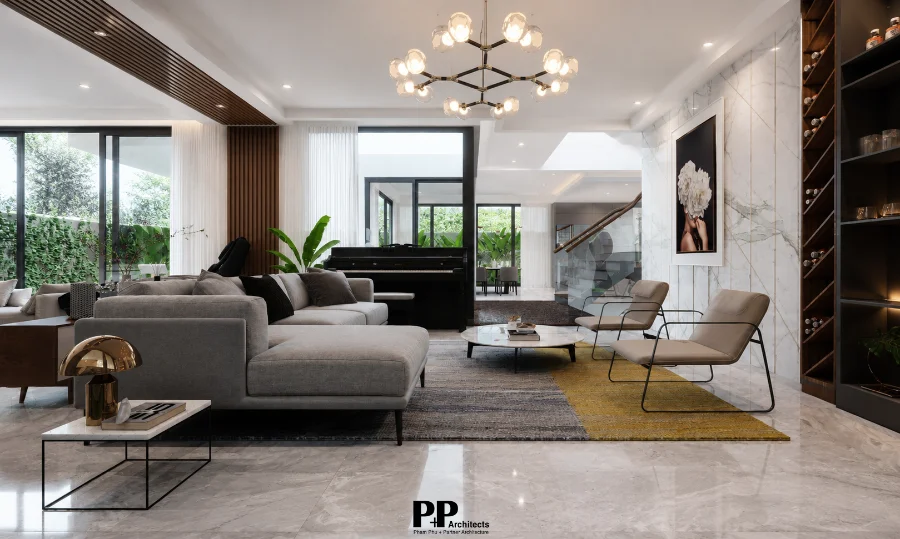 Thiết kế villa Nha Trang với phòng khách mở và nội thất hiện đại