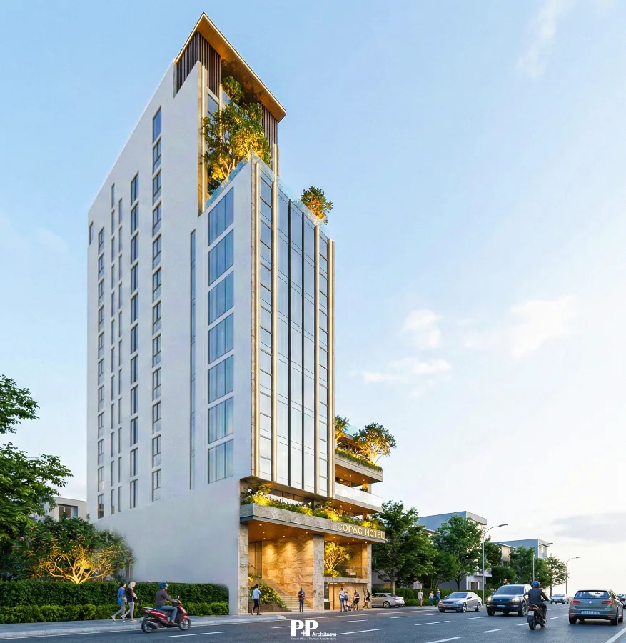 Thiết kế Villa Nha Trang trọn gói với khách sạn cao tầng hiện đại và mảng xanh trên cao