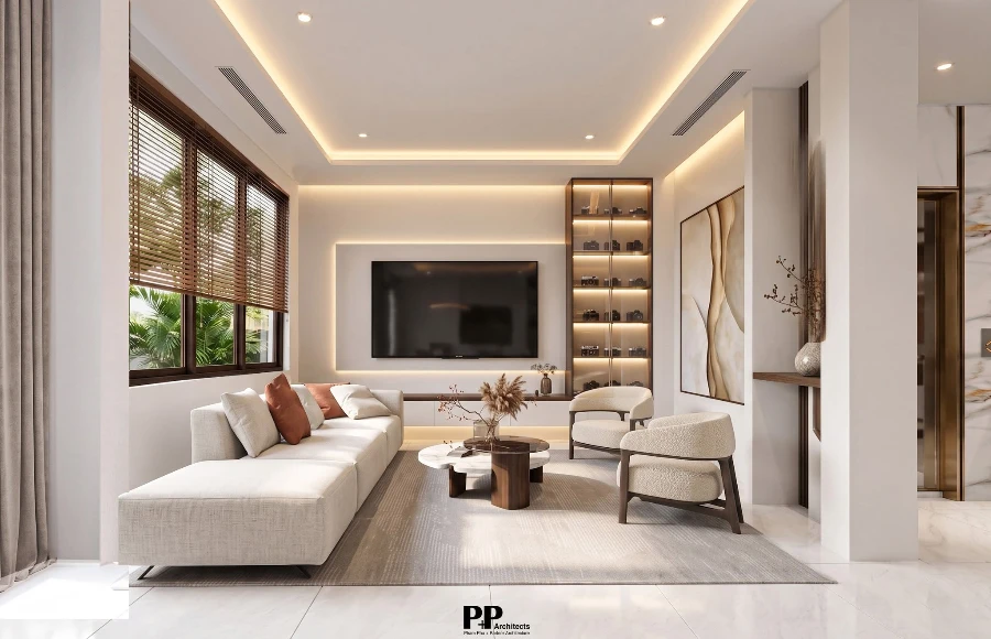 Thiết kế villa trọn gói với phòng khách hiện đại và ánh sáng tự nhiên
