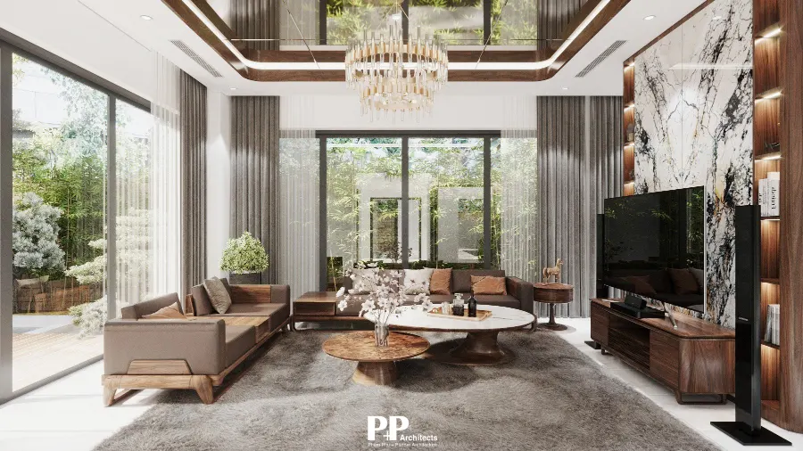 Thiết kế villa trọn gói với phòng khách mở kết nối sân vườn