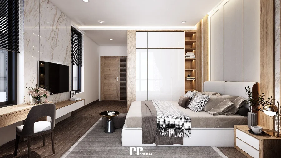 Thiết kế villa trọn gói với phòng ngủ hiện đại và nội thất gỗ ấm
