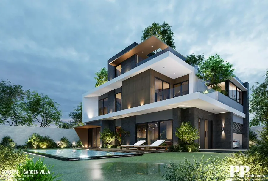 thiết kế villa xanh net zero với biệt thự hiện đại, hồ bơi và sân vườn xanh.